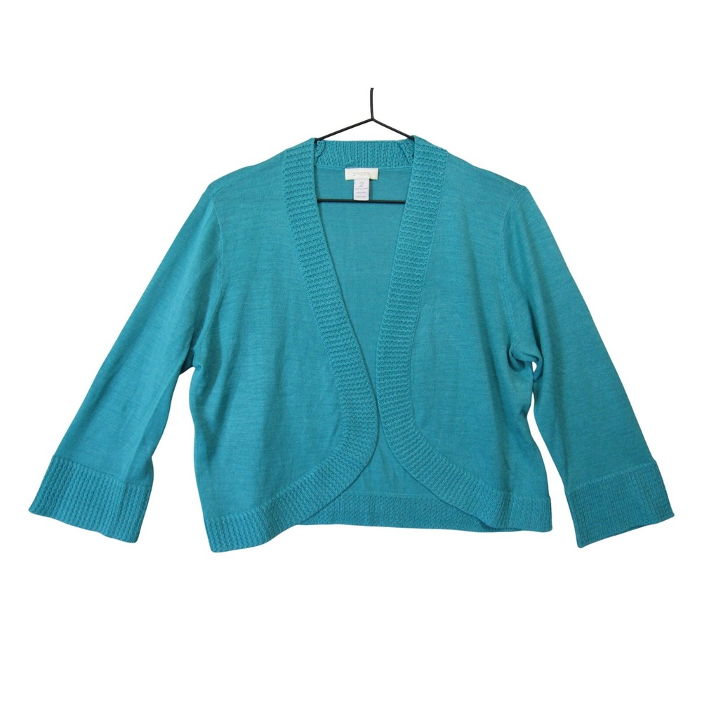 Chicos Cardigan Womens 2 Teal Blue Good 100% Silk Shrug Open Front 3/4 Sleeve